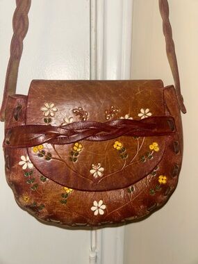 Vintage Brown Leather Floral Crossbody Bag